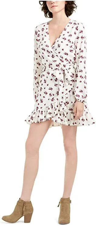 1. State Women's Ivory Floral Long Sleeve V-Neck Faux Wrap Mini Dress Size 8