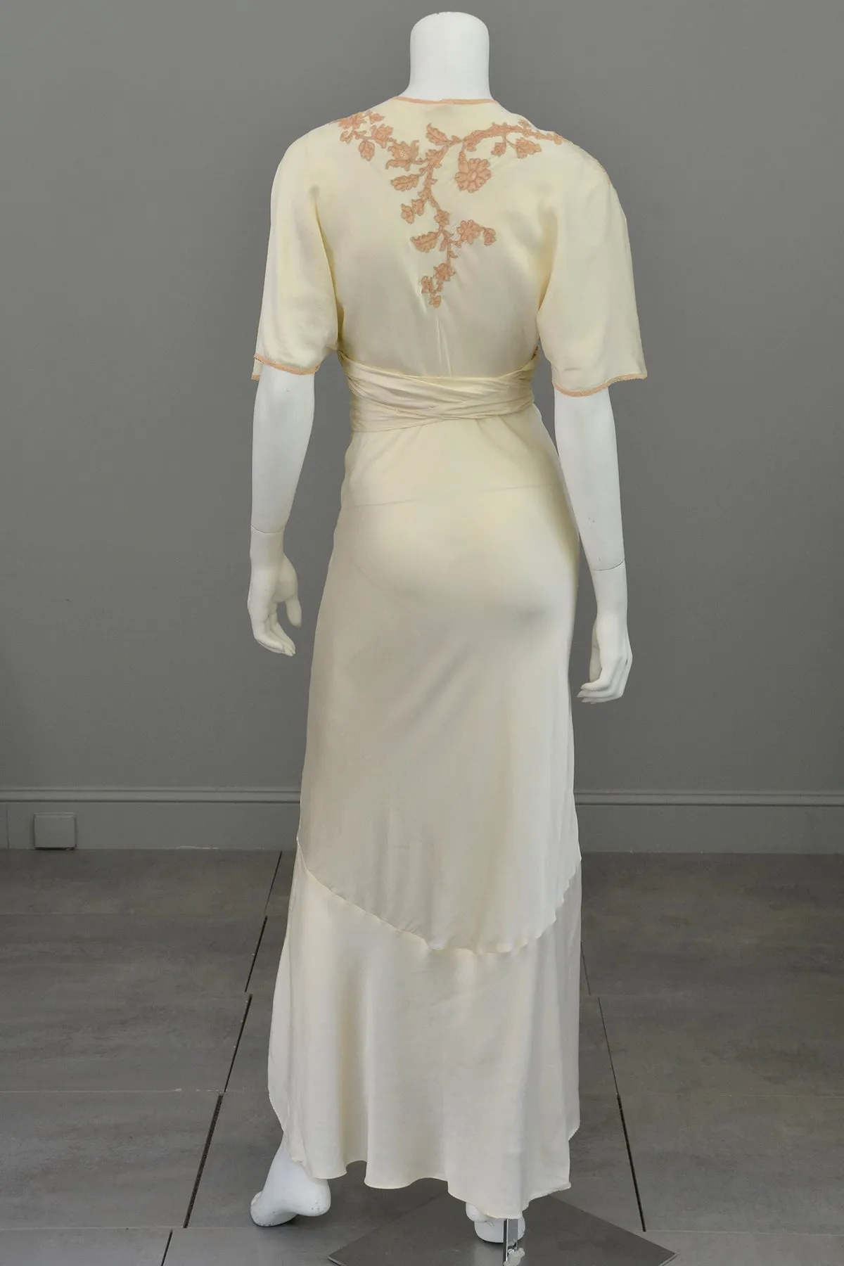 1930s Silk Embroidered Wrap Nightgown Dress w Kimono Style Flutter Sleeves