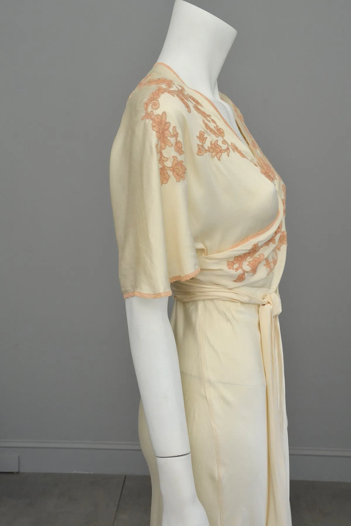 1930s Silk Embroidered Wrap Nightgown Dress w Kimono Style Flutter Sleeves