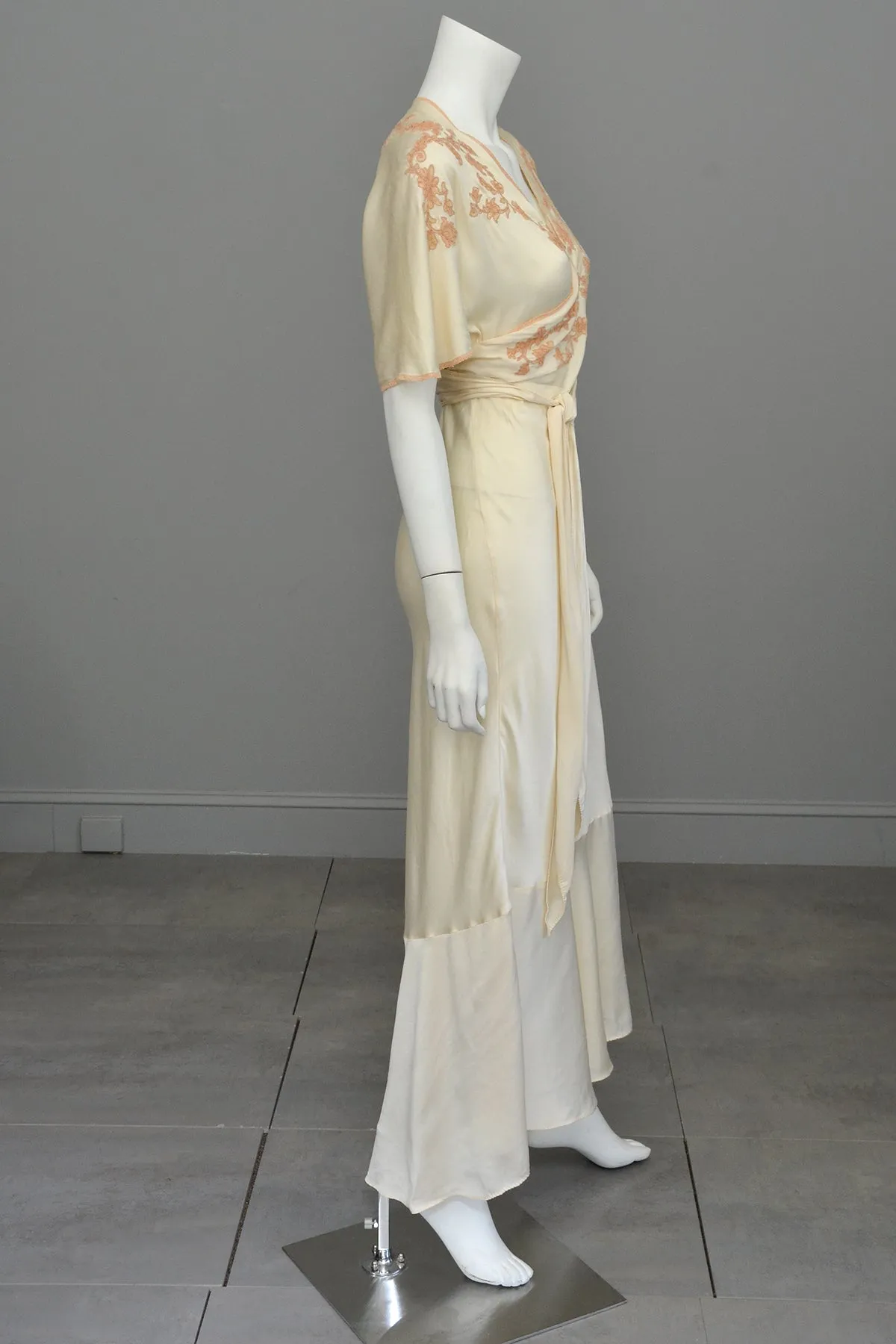 1930s Silk Embroidered Wrap Nightgown Dress w Kimono Style Flutter Sleeves