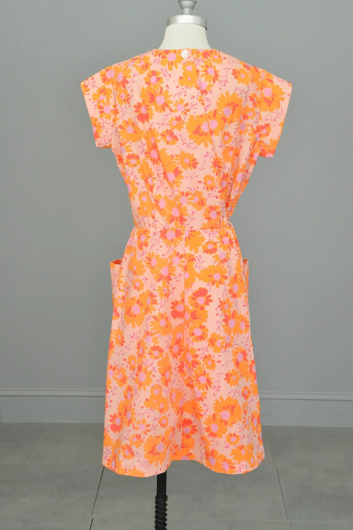 1950s 60s Pink Orange Floral Print Pockets Wrap House Dress