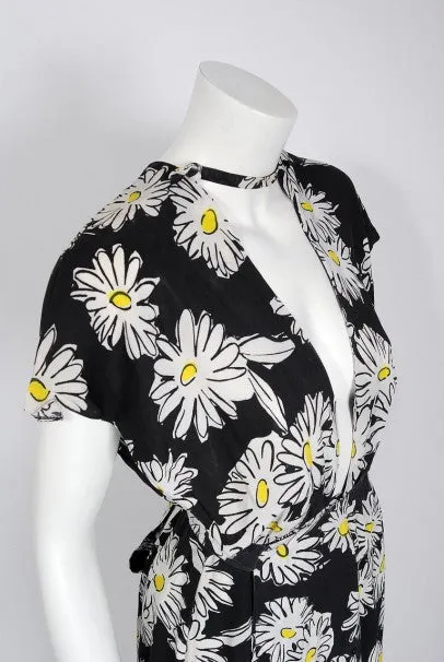 1970's Sheridan Barnet Daisy Print Crepe Plunge Wrap Dress British Vogue