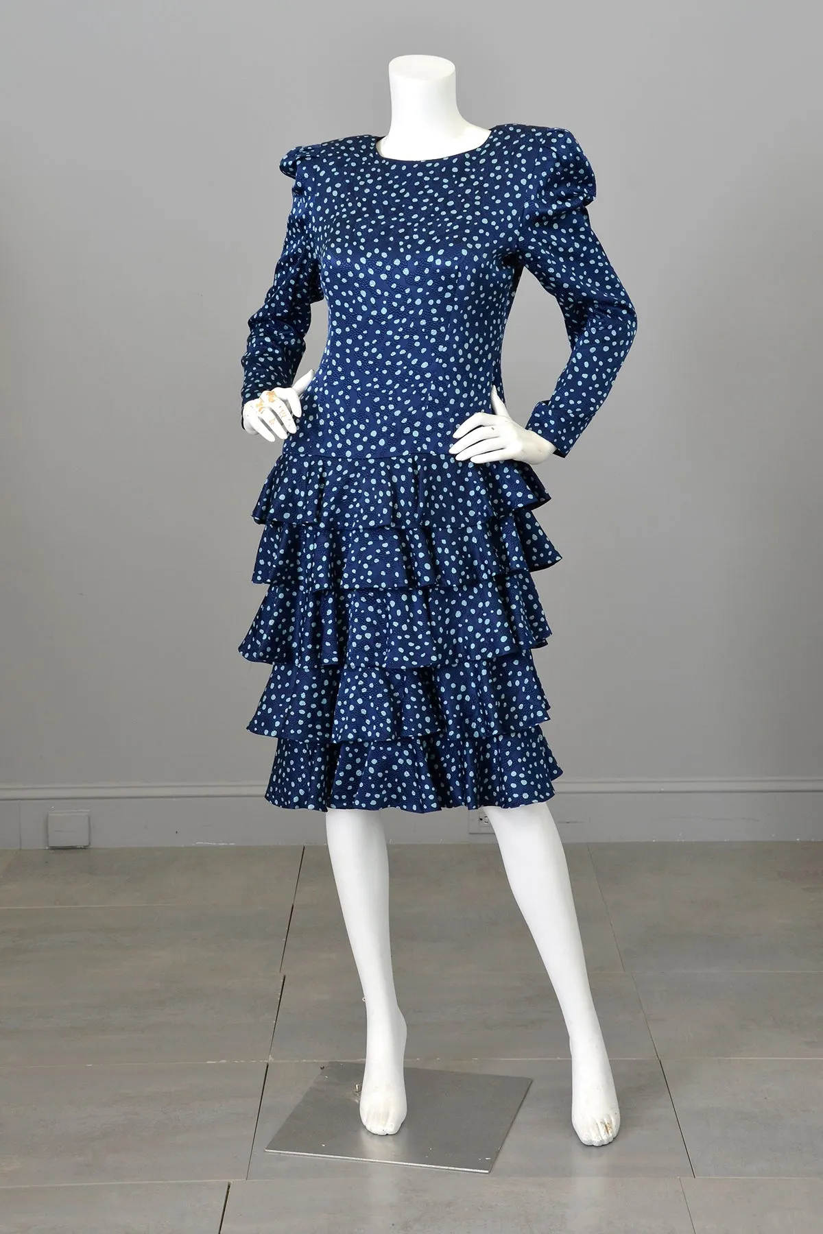 1980s A J Bari Navy Navy Blue Silk Polka Dot Tiered Ruffle Skirt Key Hole Open Back Dress