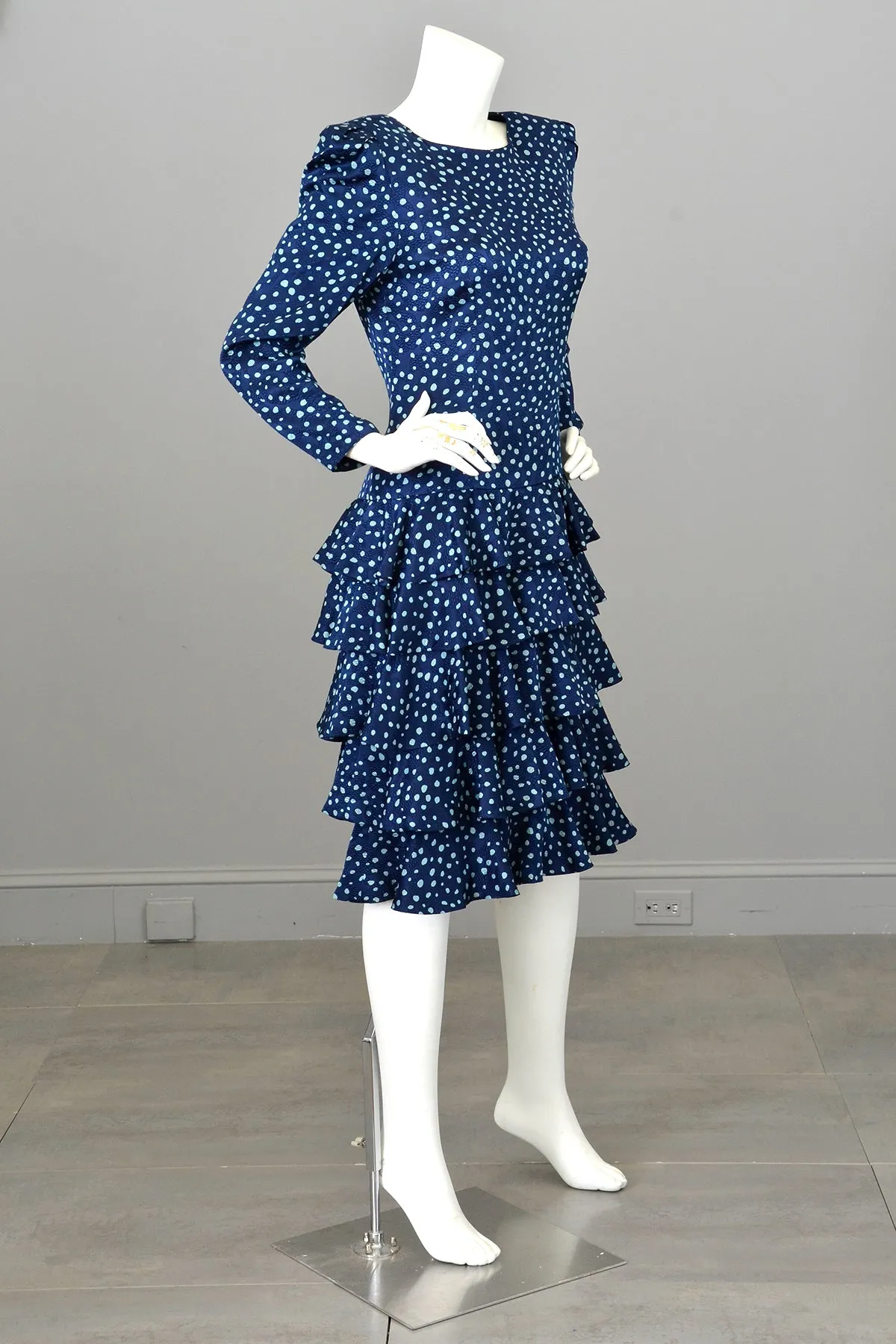 1980s A J Bari Navy Navy Blue Silk Polka Dot Tiered Ruffle Skirt Key Hole Open Back Dress