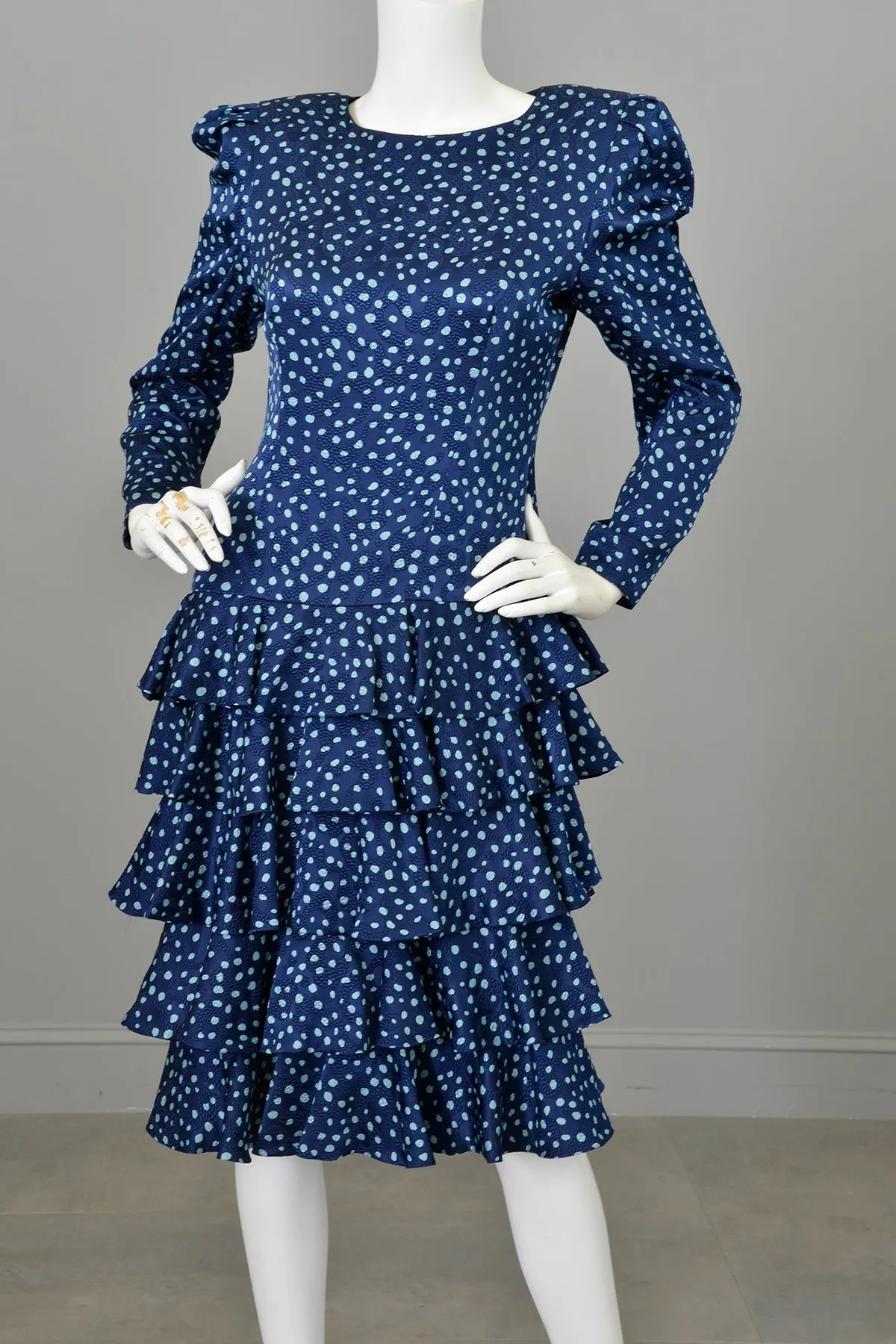 1980s A J Bari Navy Navy Blue Silk Polka Dot Tiered Ruffle Skirt Key Hole Open Back Dress