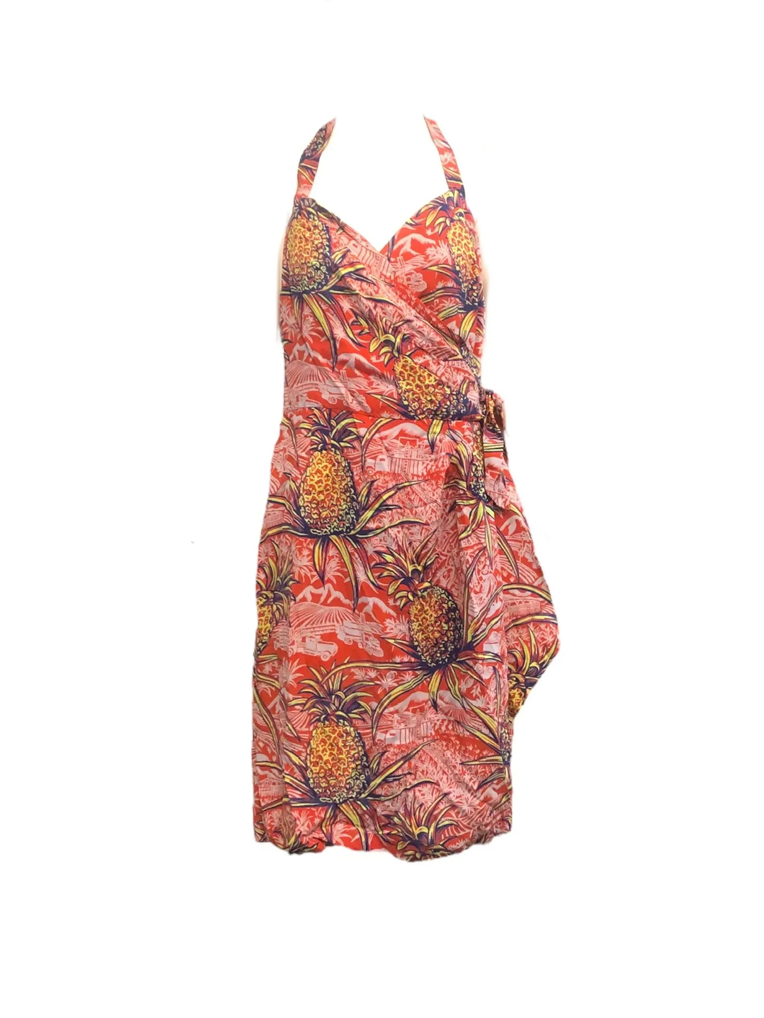 40s Rayon Red Hawaiian Pineapple Print Wrap Dress