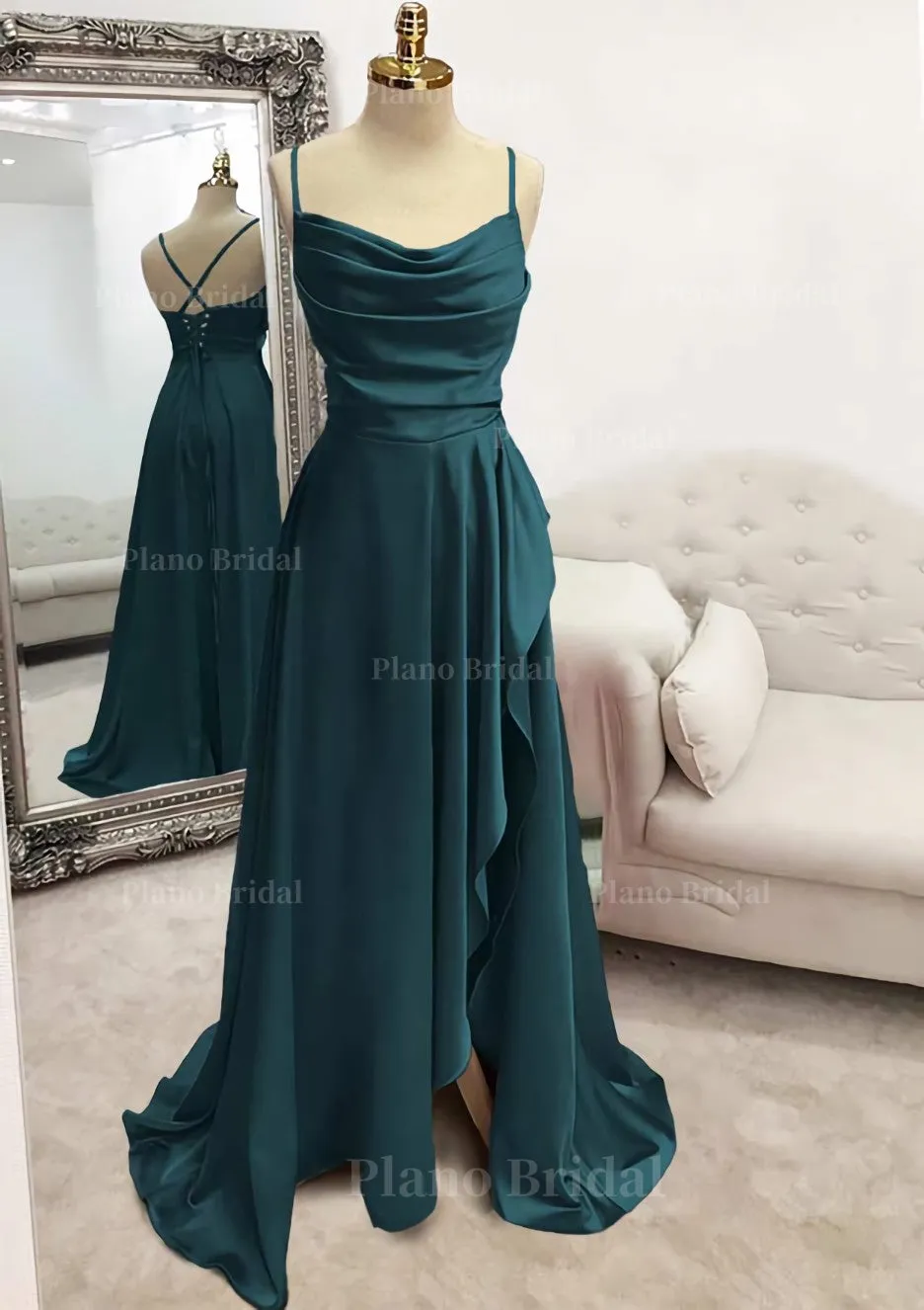 A-line Bateau Spaghetti Straps Long/Floor-Length Satin Prom Dress With Pleated Split