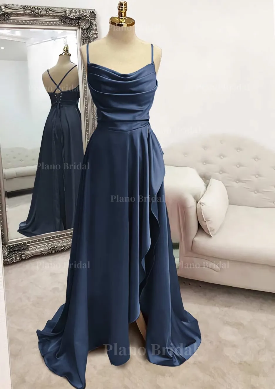 A-line Bateau Spaghetti Straps Long/Floor-Length Satin Prom Dress With Pleated Split