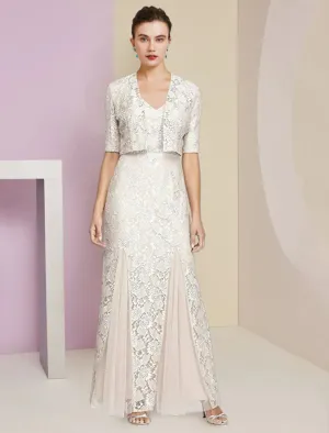 A-Line Mother of the Bride Dress Formal Wedding Guest Elegant V Neck Ankle Length Chiffon Lace Sleeveless Wrap Included with Pleats Appliques