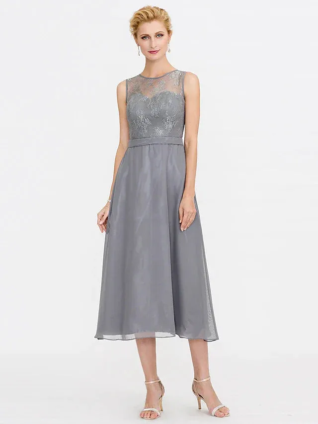 A-Line Mother of the Bride Dress Plus Size Elegant Illusion Neck Tea Length Chiffon Corded Lace Sleeveless Wrap Included with Lace Pleats