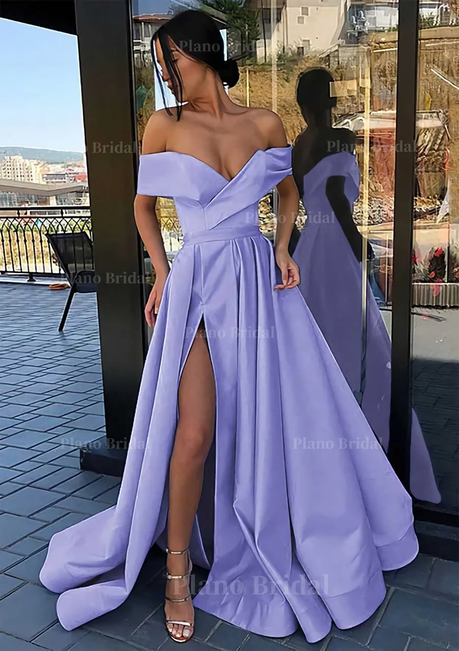 A-line Off-the-Shoulder Cap Straps Sweep Train Satin Prom Dress With Pleated Split