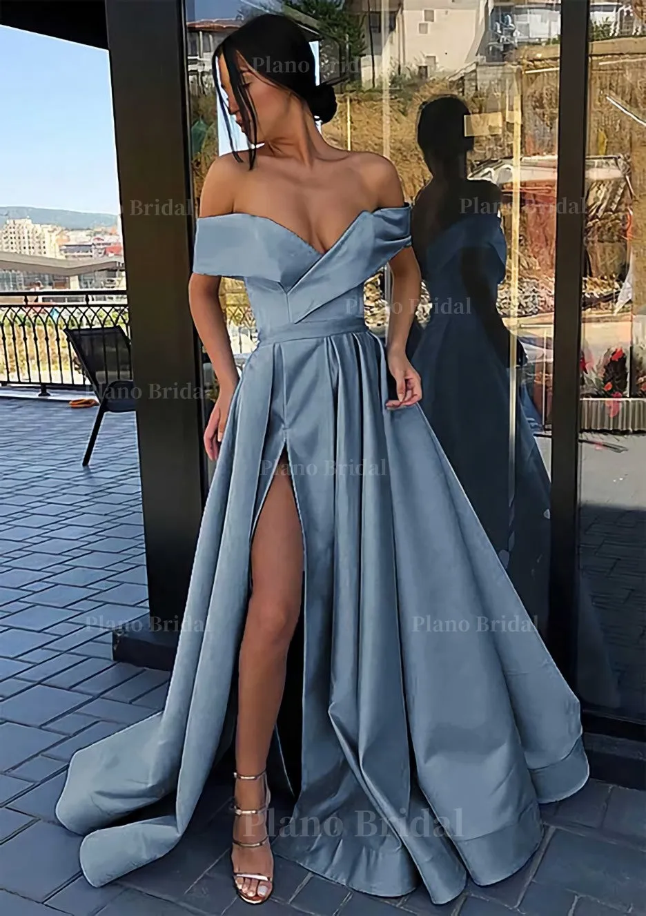 A-line Off-the-Shoulder Cap Straps Sweep Train Satin Prom Dress With Pleated Split