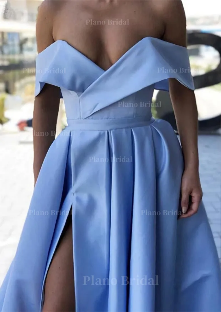 A-line Off-the-Shoulder Cap Straps Sweep Train Satin Prom Dress With Pleated Split