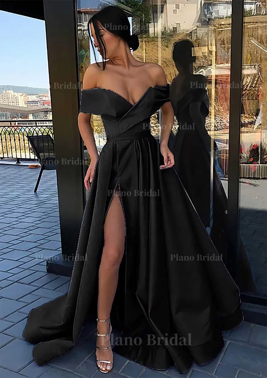 A-line Off-the-Shoulder Cap Straps Sweep Train Satin Prom Dress With Pleated Split