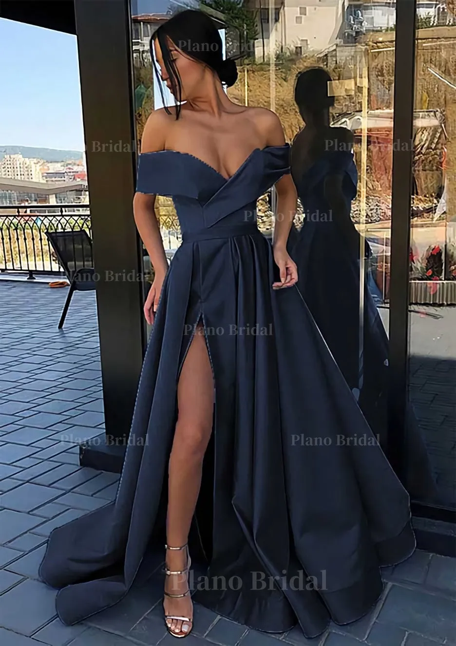 A-line Off-the-Shoulder Cap Straps Sweep Train Satin Prom Dress With Pleated Split