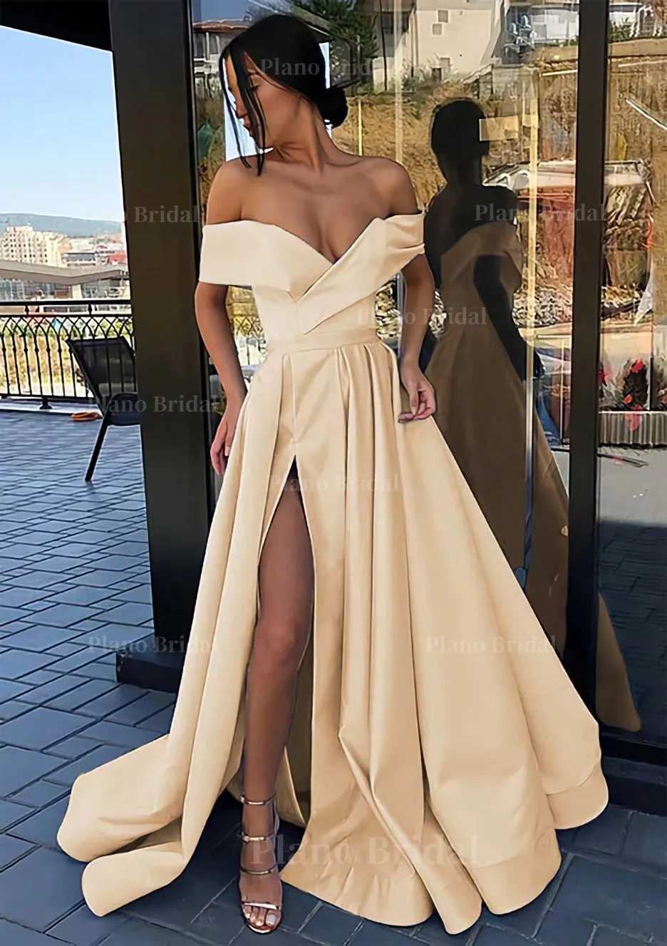 A-line Off-the-Shoulder Cap Straps Sweep Train Satin Prom Dress With Pleated Split