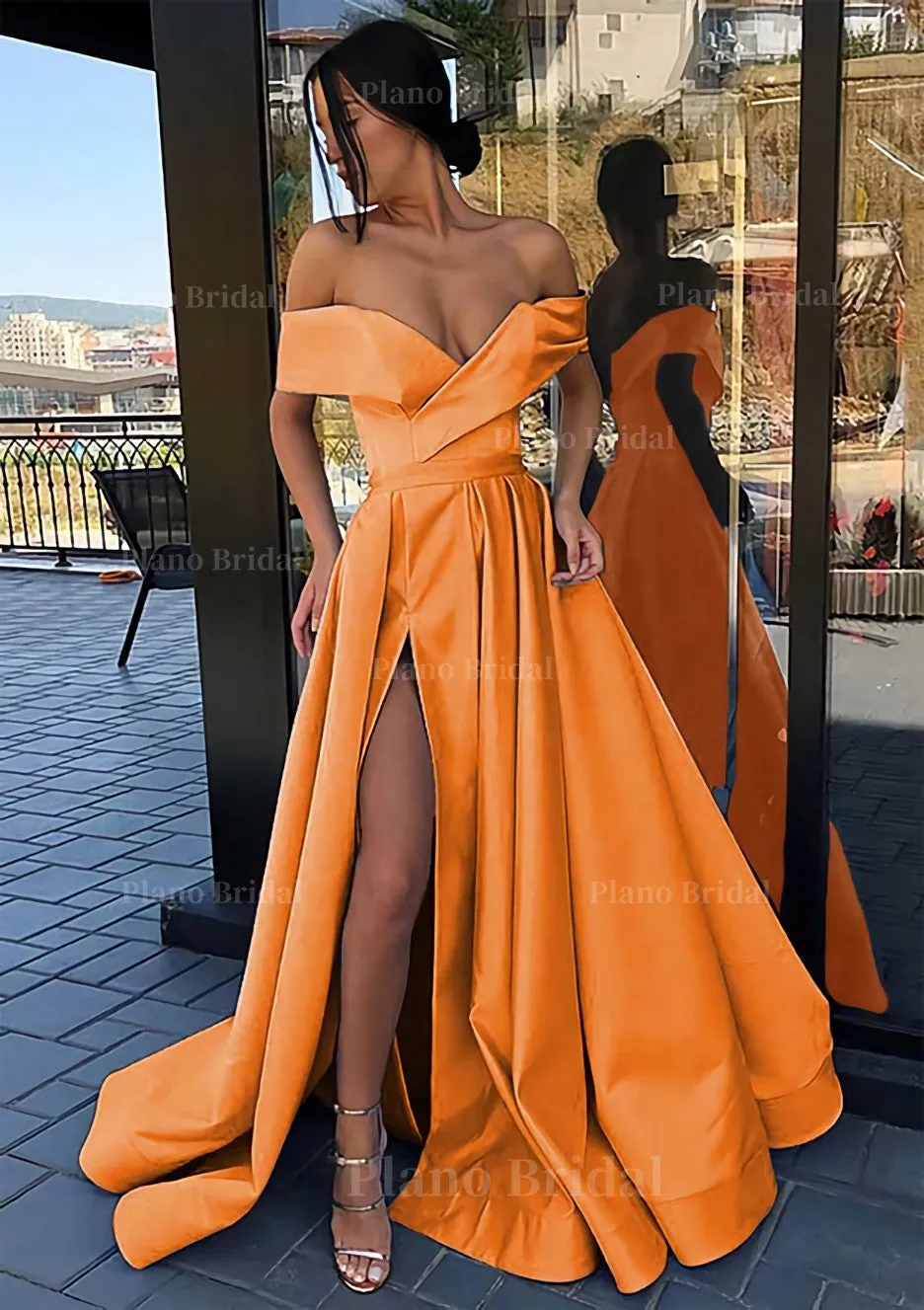 A-line Off-the-Shoulder Cap Straps Sweep Train Satin Prom Dress With Pleated Split