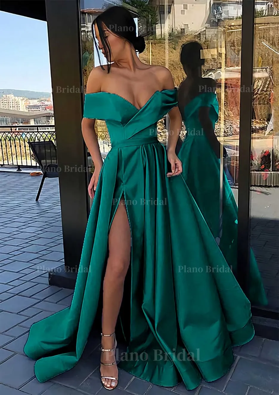 A-line Off-the-Shoulder Cap Straps Sweep Train Satin Prom Dress With Pleated Split