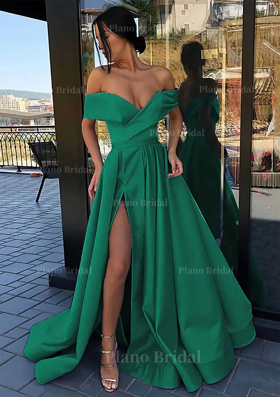 A-line Off-the-Shoulder Cap Straps Sweep Train Satin Prom Dress With Pleated Split