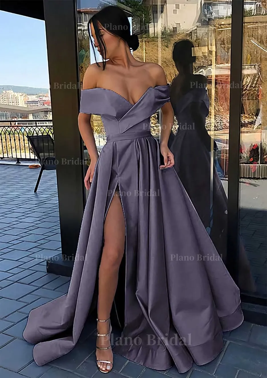 A-line Off-the-Shoulder Cap Straps Sweep Train Satin Prom Dress With Pleated Split