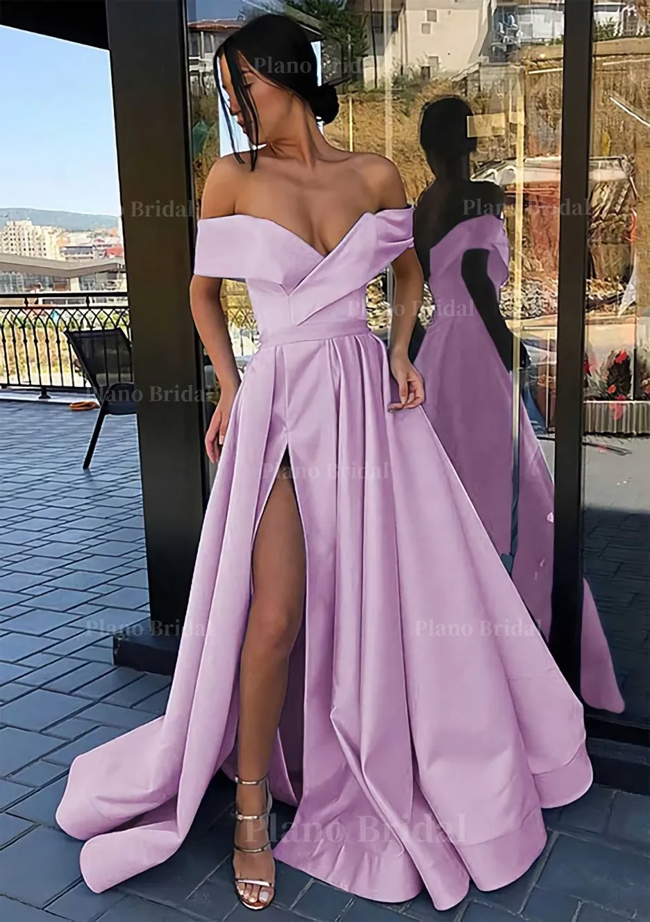 A-line Off-the-Shoulder Cap Straps Sweep Train Satin Prom Dress With Pleated Split