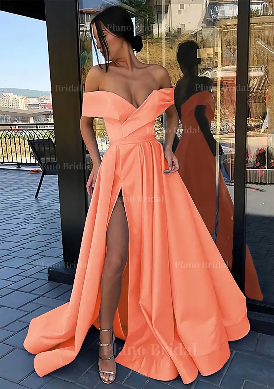 A-line Off-the-Shoulder Cap Straps Sweep Train Satin Prom Dress With Pleated Split