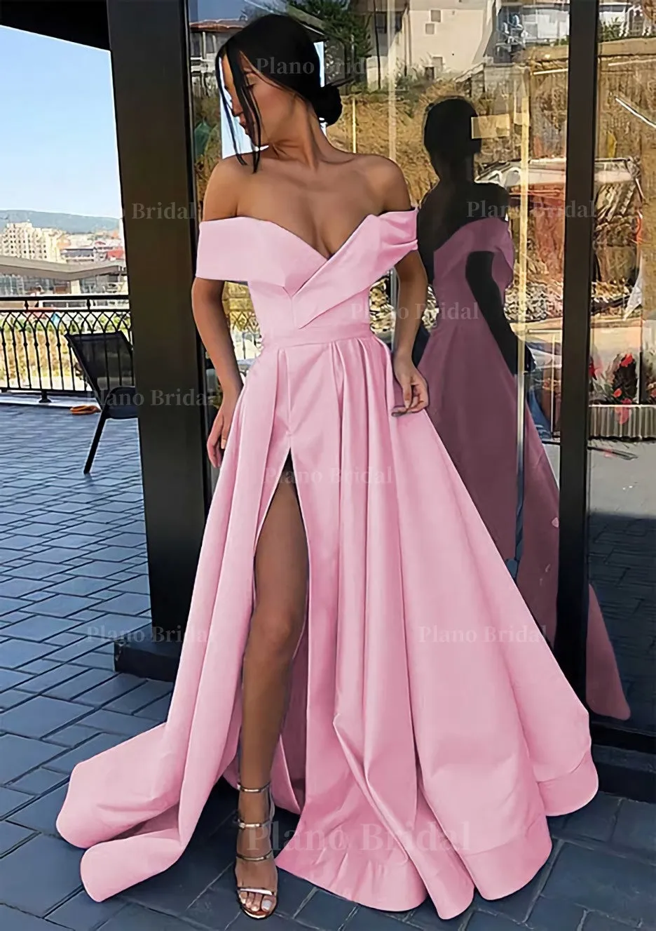 A-line Off-the-Shoulder Cap Straps Sweep Train Satin Prom Dress With Pleated Split