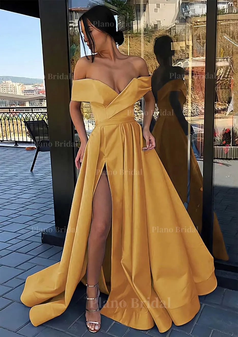 A-line Off-the-Shoulder Cap Straps Sweep Train Satin Prom Dress With Pleated Split