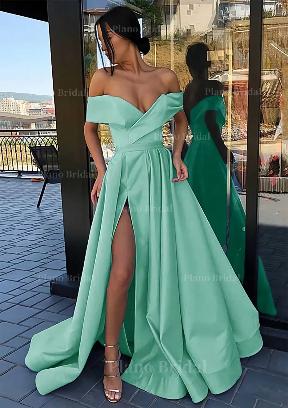 A-line Off-the-Shoulder Cap Straps Sweep Train Satin Prom Dress With Pleated Split