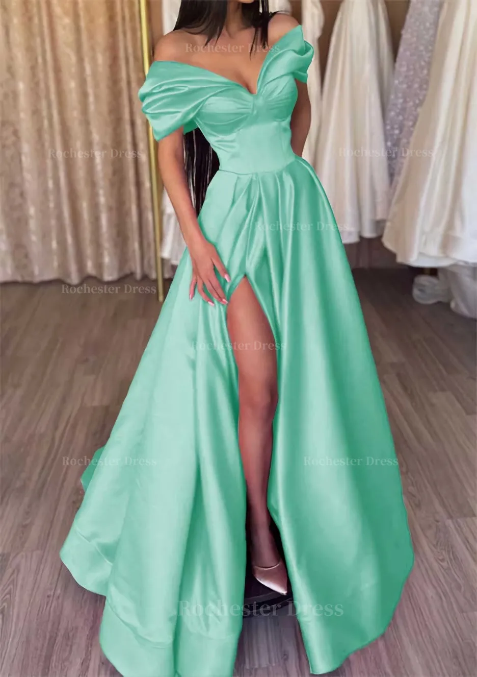 A-line Off-the-Shoulder Short Sleeve Satin Long/Floor-Length Prom Dress With Ruffles Split