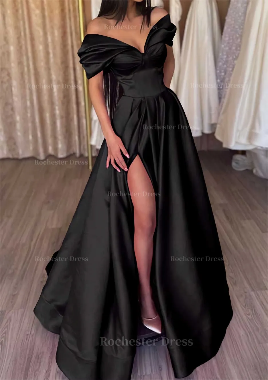 A-line Off-the-Shoulder Short Sleeve Satin Long/Floor-Length Prom Dress With Ruffles Split