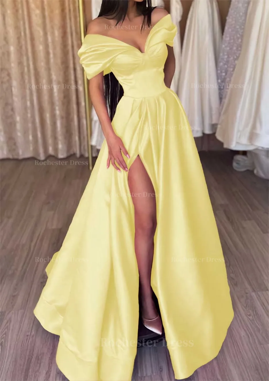 A-line Off-the-Shoulder Short Sleeve Satin Long/Floor-Length Prom Dress With Ruffles Split