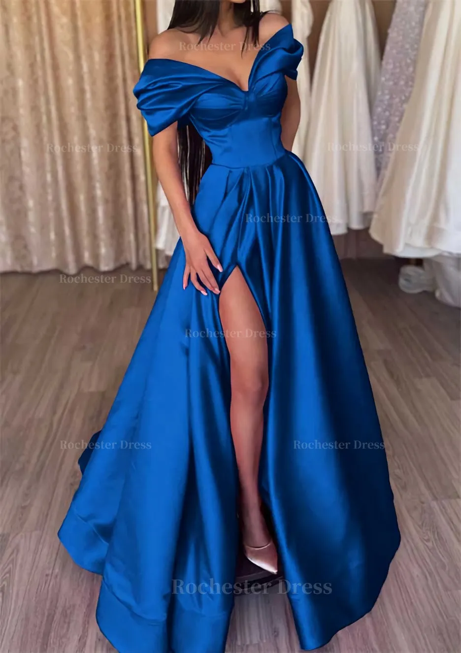 A-line Off-the-Shoulder Short Sleeve Satin Long/Floor-Length Prom Dress With Ruffles Split