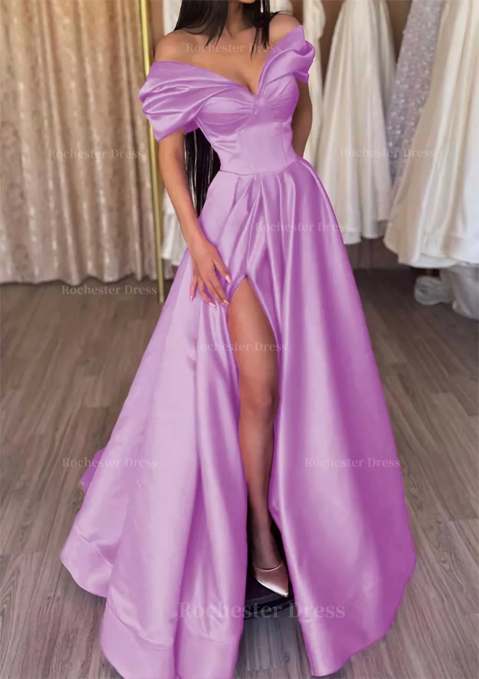 A-line Off-the-Shoulder Short Sleeve Satin Long/Floor-Length Prom Dress With Ruffles Split