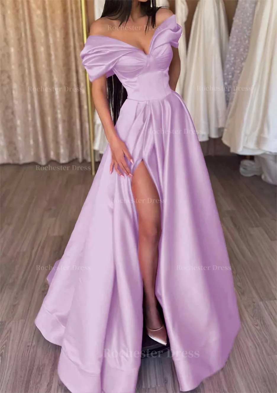 A-line Off-the-Shoulder Short Sleeve Satin Long/Floor-Length Prom Dress With Ruffles Split