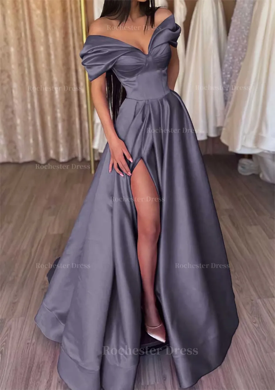 A-line Off-the-Shoulder Short Sleeve Satin Long/Floor-Length Prom Dress With Ruffles Split