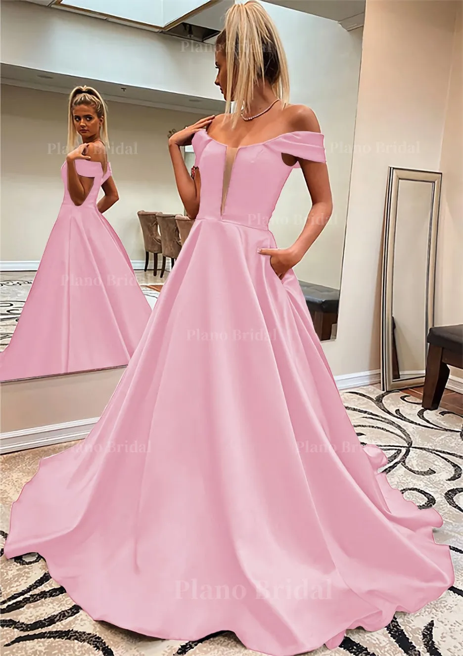 A-line Off-the-Shoulder Sleeveless Satin Sweep Train Prom Dress With Pockets