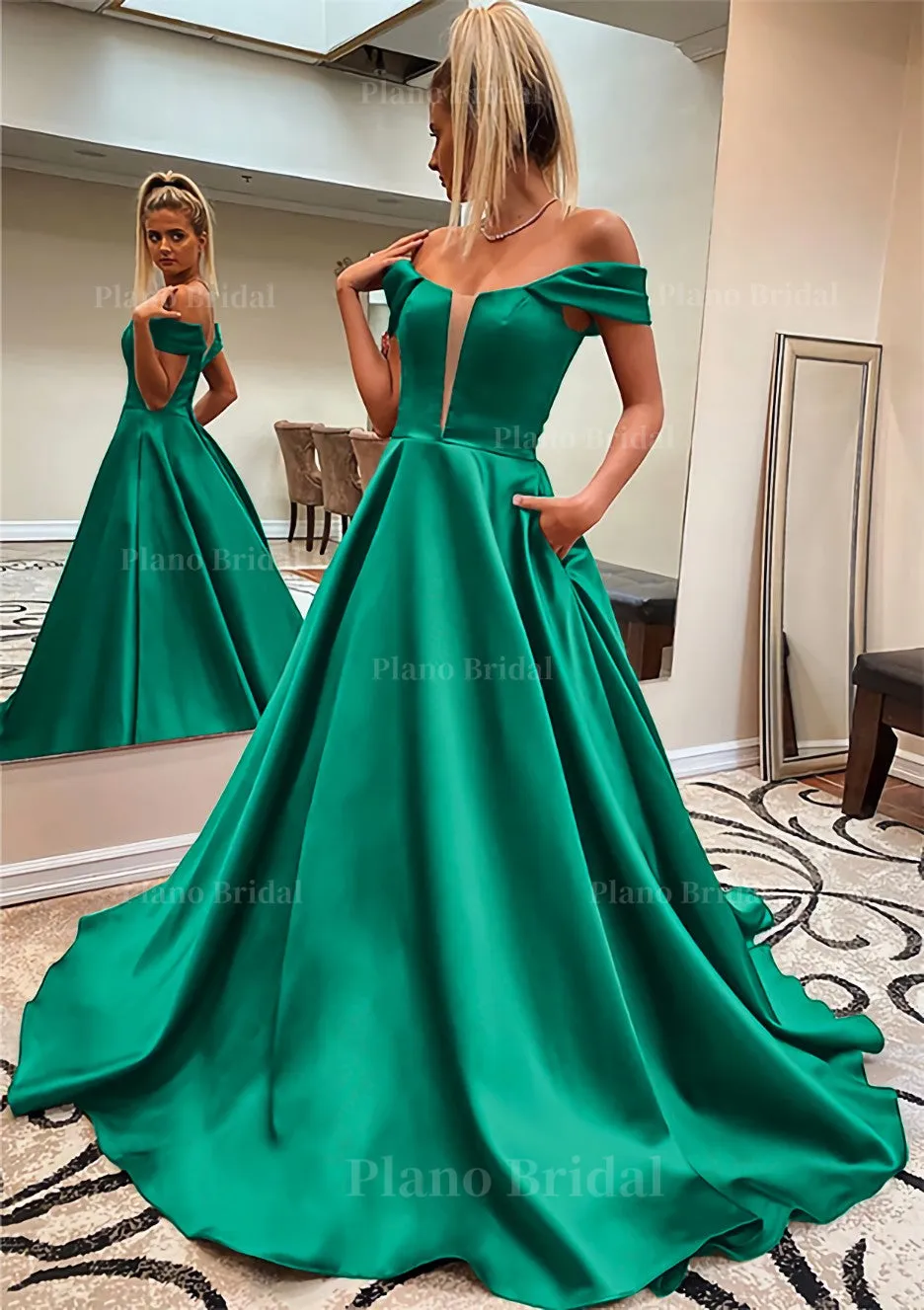 A-line Off-the-Shoulder Sleeveless Satin Sweep Train Prom Dress With Pockets