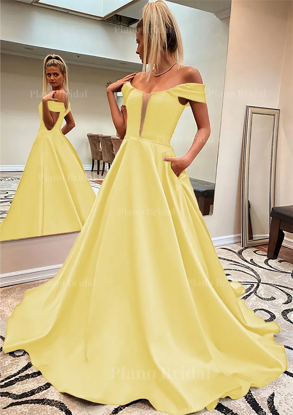 A-line Off-the-Shoulder Sleeveless Satin Sweep Train Prom Dress With Pockets