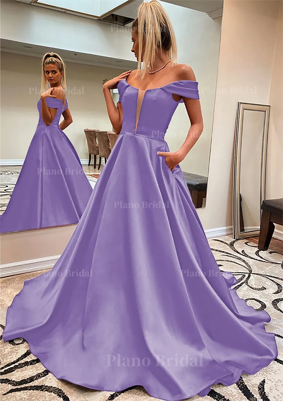 A-line Off-the-Shoulder Sleeveless Satin Sweep Train Prom Dress With Pockets