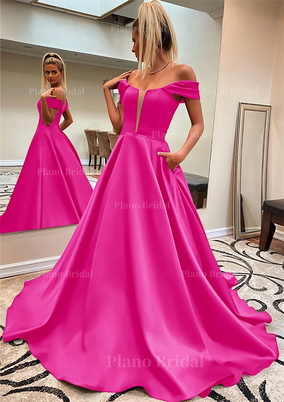 A-line Off-the-Shoulder Sleeveless Satin Sweep Train Prom Dress With Pockets