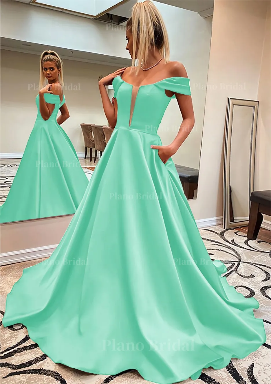 A-line Off-the-Shoulder Sleeveless Satin Sweep Train Prom Dress With Pockets