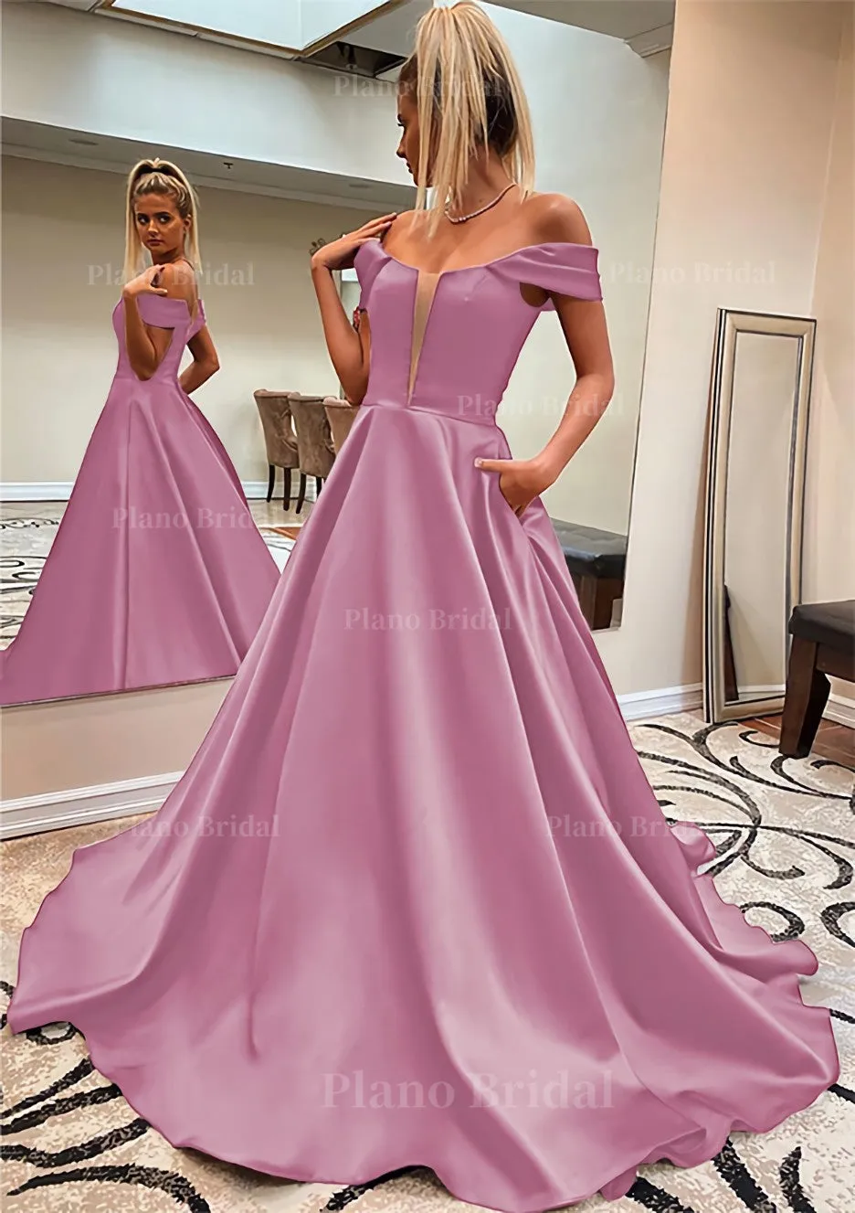 A-line Off-the-Shoulder Sleeveless Satin Sweep Train Prom Dress With Pockets