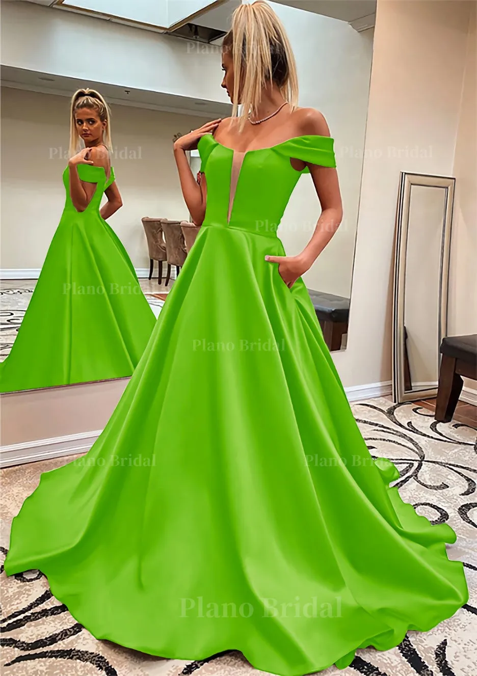 A-line Off-the-Shoulder Sleeveless Satin Sweep Train Prom Dress With Pockets