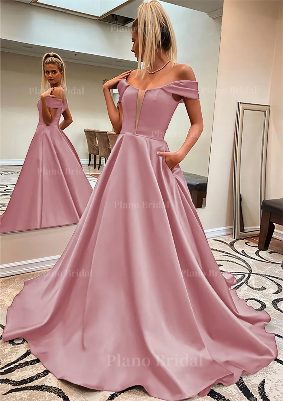 A-line Off-the-Shoulder Sleeveless Satin Sweep Train Prom Dress With Pockets