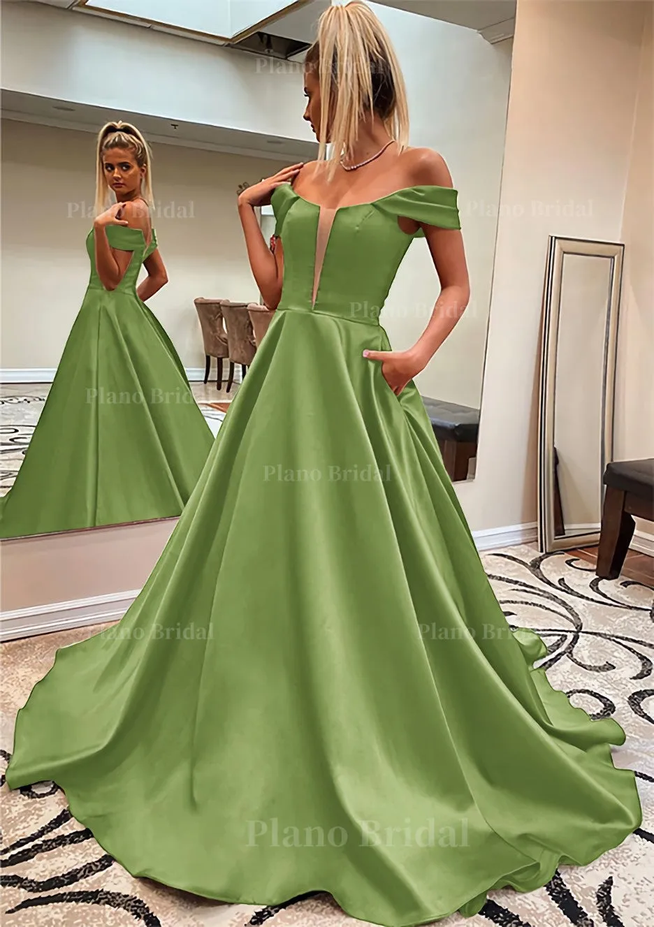 A-line Off-the-Shoulder Sleeveless Satin Sweep Train Prom Dress With Pockets