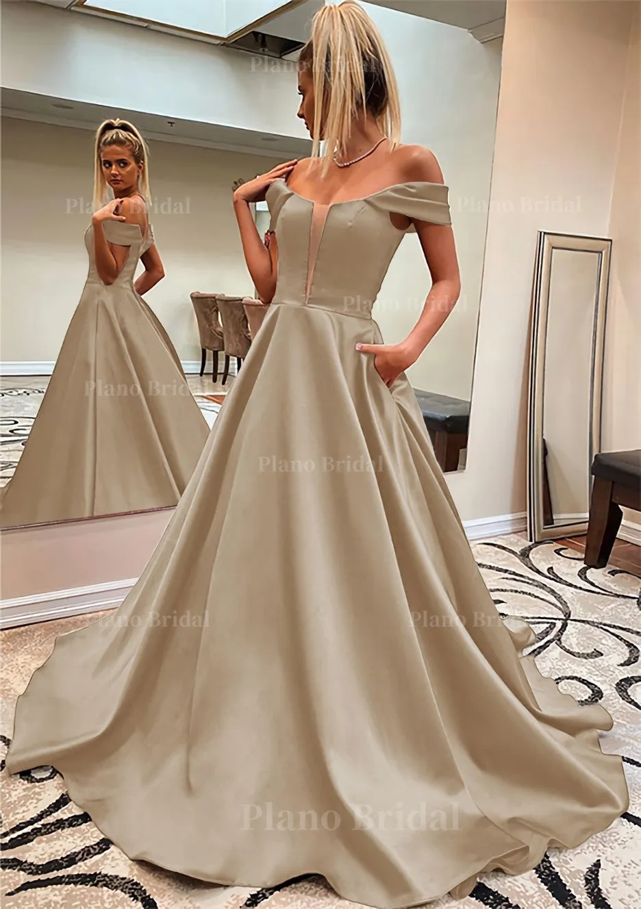 A-line Off-the-Shoulder Sleeveless Satin Sweep Train Prom Dress With Pockets