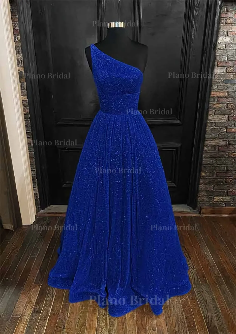 A-line One-Shoulder Sleeveless Long/Floor-Length Sequined Prom Dress With Pockets