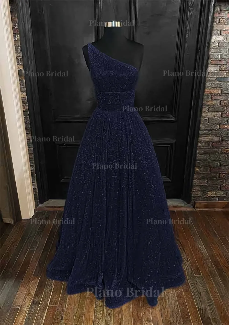 A-line One-Shoulder Sleeveless Long/Floor-Length Sequined Prom Dress With Pockets