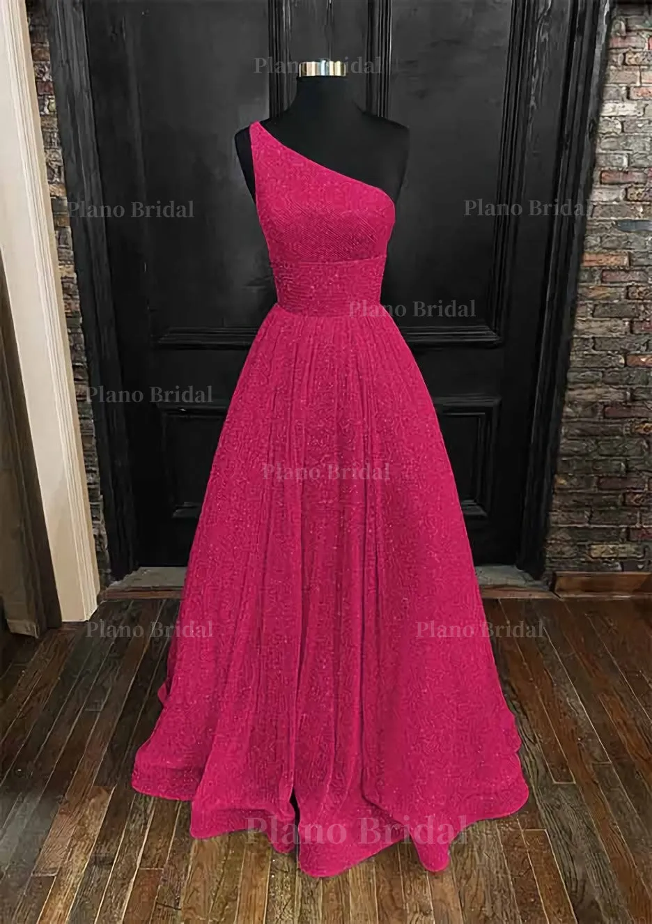 A-line One-Shoulder Sleeveless Long/Floor-Length Sequined Prom Dress With Pockets